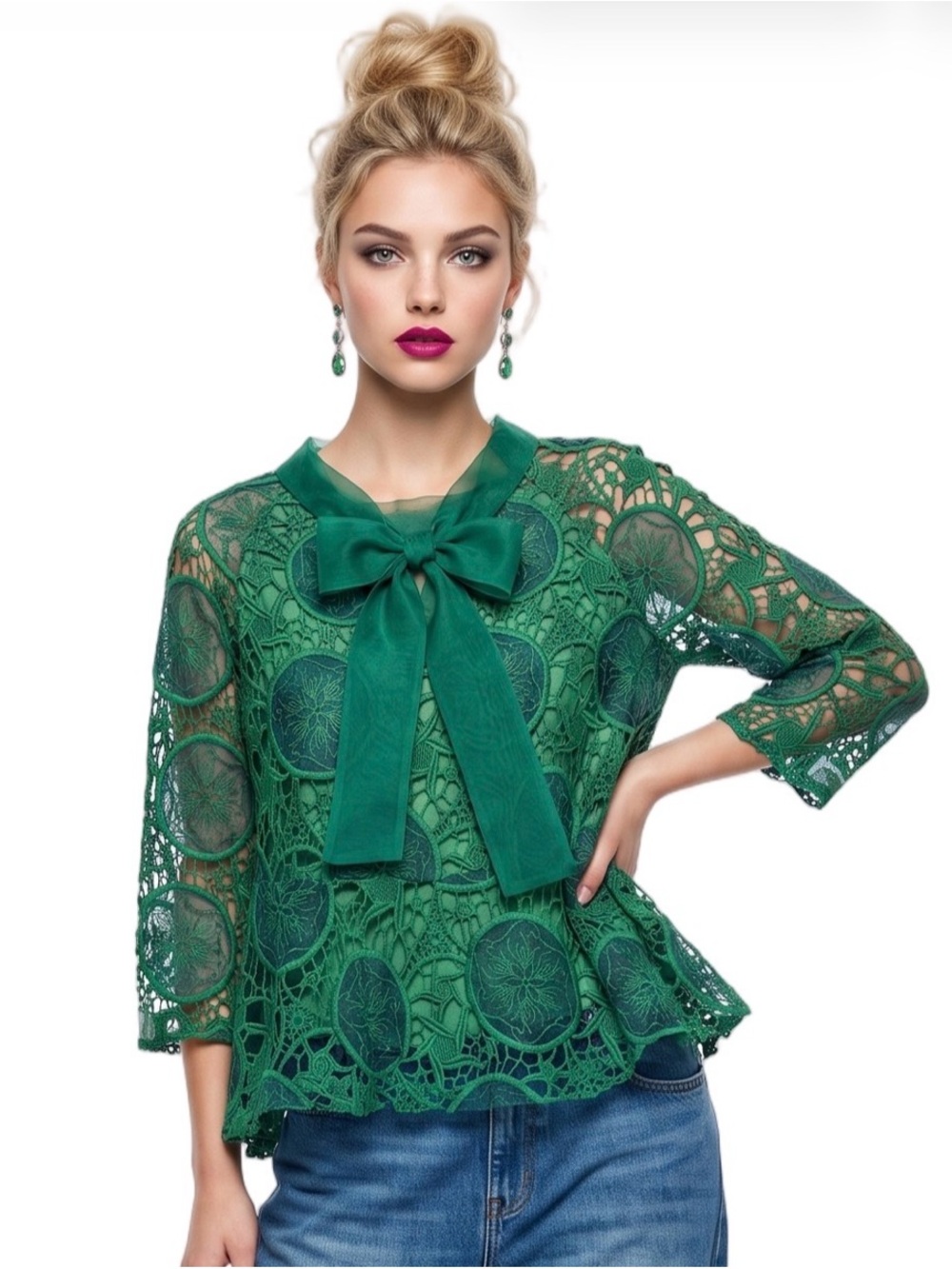 MISSLOOK Emerald Green Lace BoatNeck Long sleeve Top A Line Bow Swingy MED